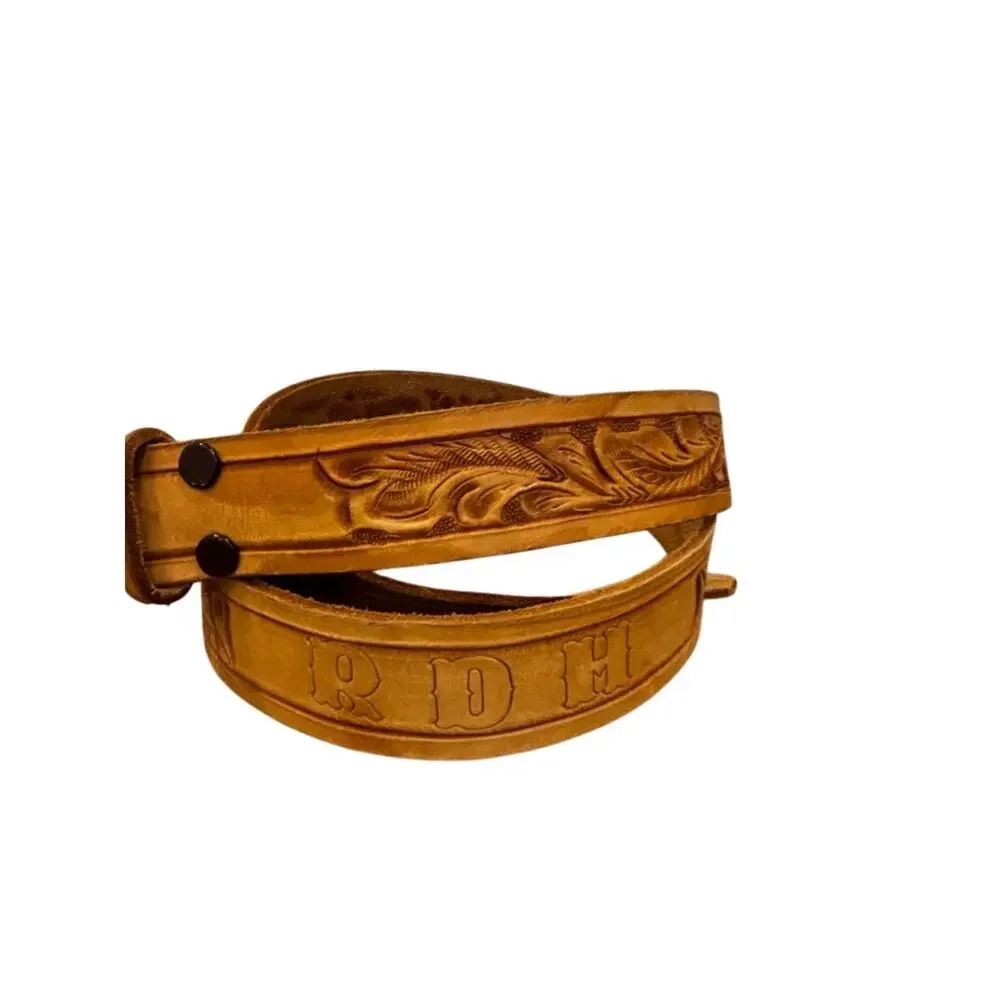Vintage Tooled Leather Western Belt Size 42 Tan Floral Engraved RDH Initials